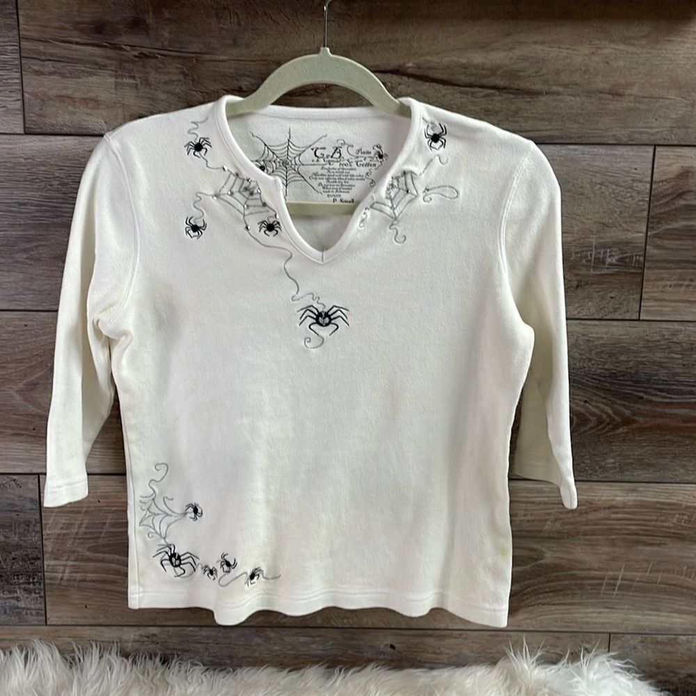 C.B. Casual Petite Small Top, White with Black Spiders & Silver Web Embroidery